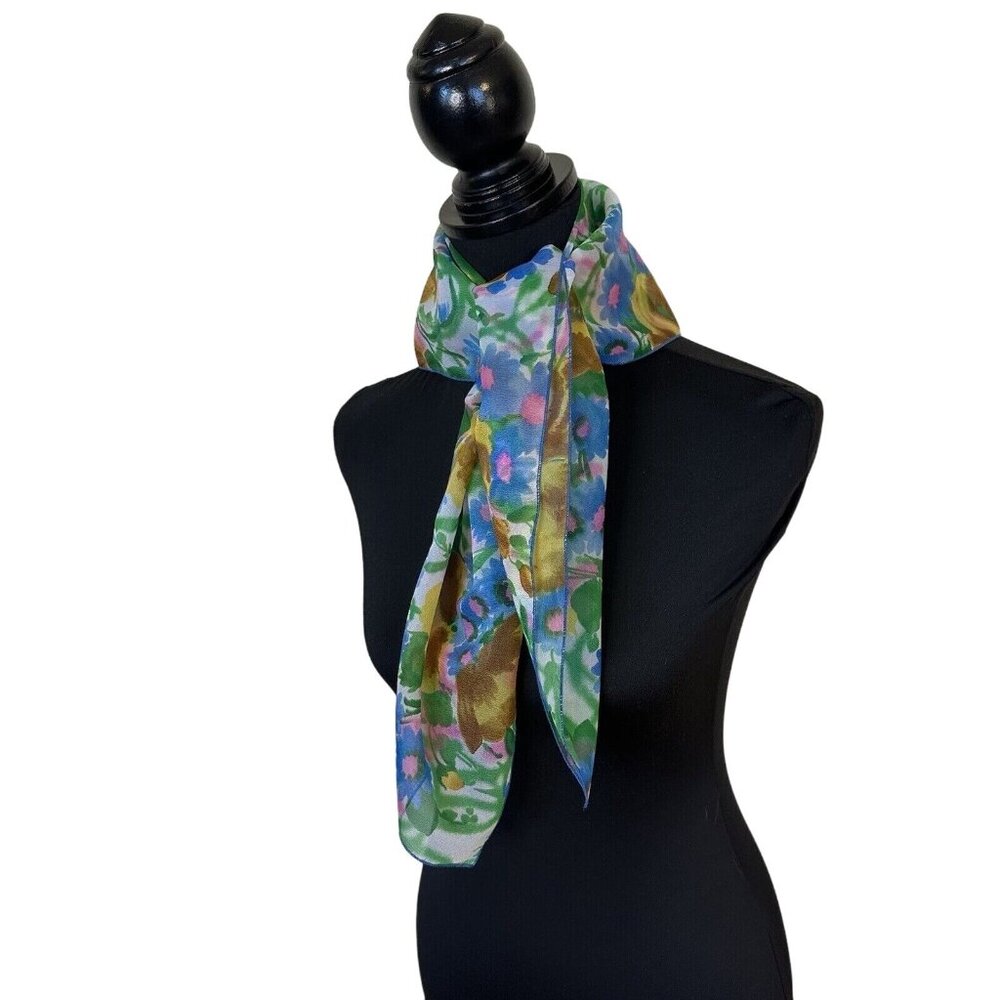 Vintage Womens Blue Floral 20 Inch Scarf Polyester